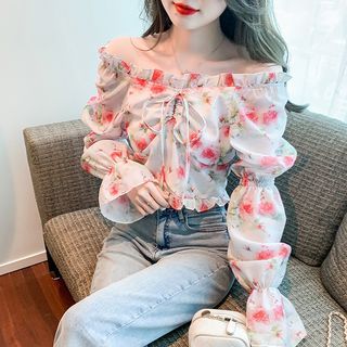 Maisee - Long-Sleeve Off Shoulder Floral Print Frill Trim
