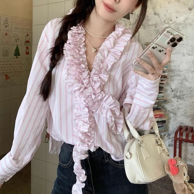 PERKARP-Long-Sleeve V-Neck Ruffle Striped Shirt