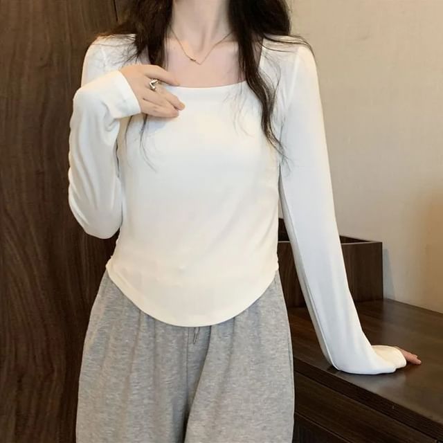 CRIBI-Long-Sleeve Square Neck Plain Tee