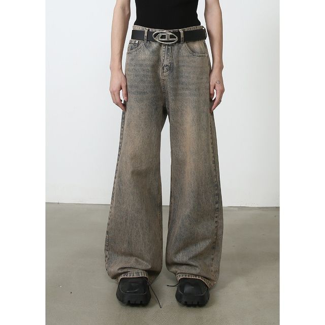 pinkdropper-Mid Rise Washed Wide Leg Jeans