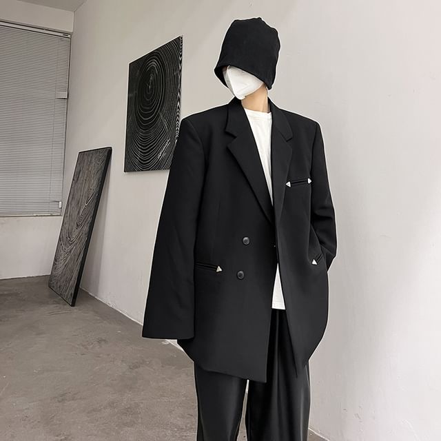 Orungeetun-Plain Double-Breasted Blazer