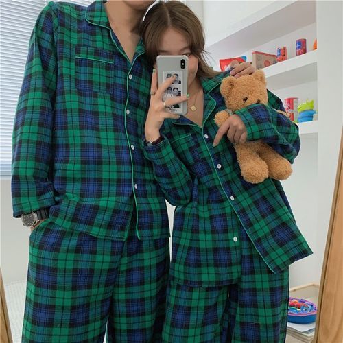 Essere - Couple Matching Pajama Set: Long-Sleeve Plaid Top + Pants
