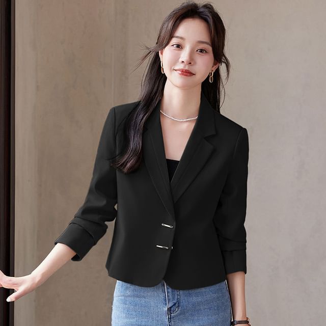 Skyheart-Lapel Neck Plain Cropped Button Blazer