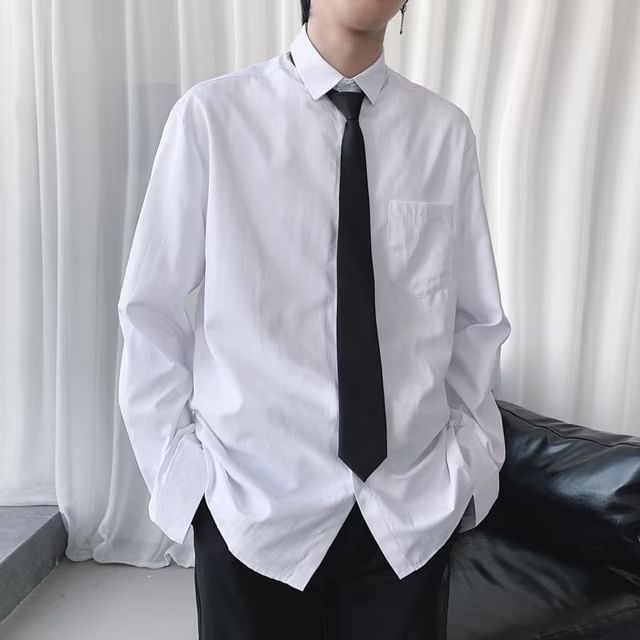 Hushgrain-Set Long-Sleeve Plain Shirt Tie