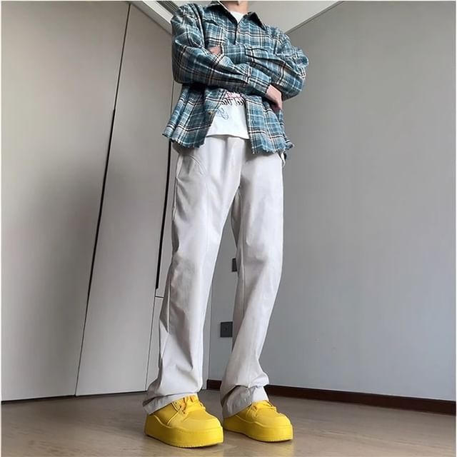 Chuoku-Drawstring Waist Plain Straight Leg Pants