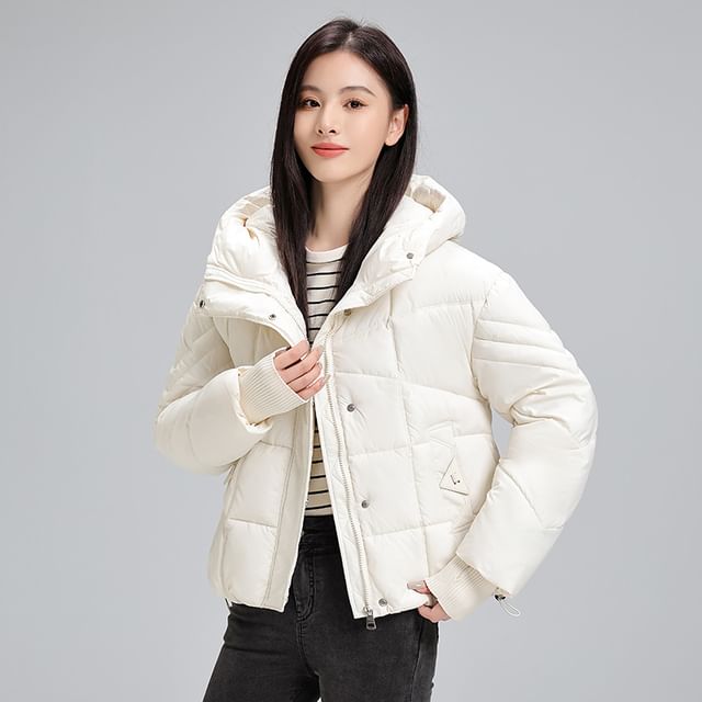 Sienne-Stand Collar Plain Hood Zip Puffer Jacket