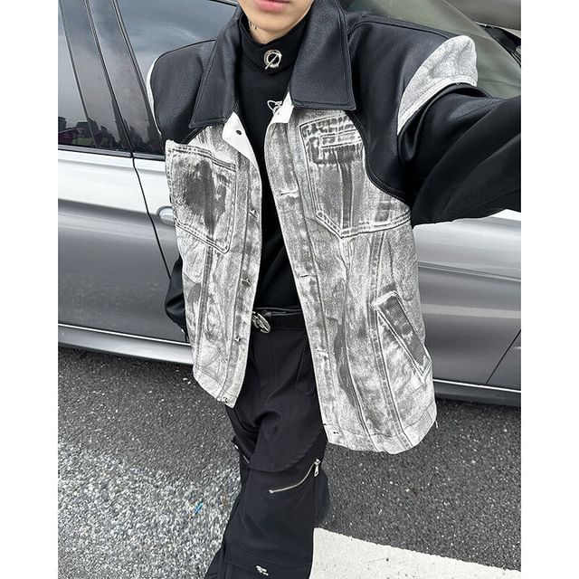 Freehop-Collar Faux Leather Panel Washed Denim Button Jacket