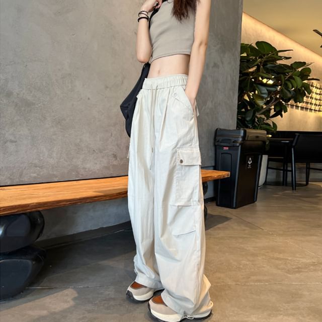 Cloud Nine-Drawstring Waist Plain Baggy Cargo Pants