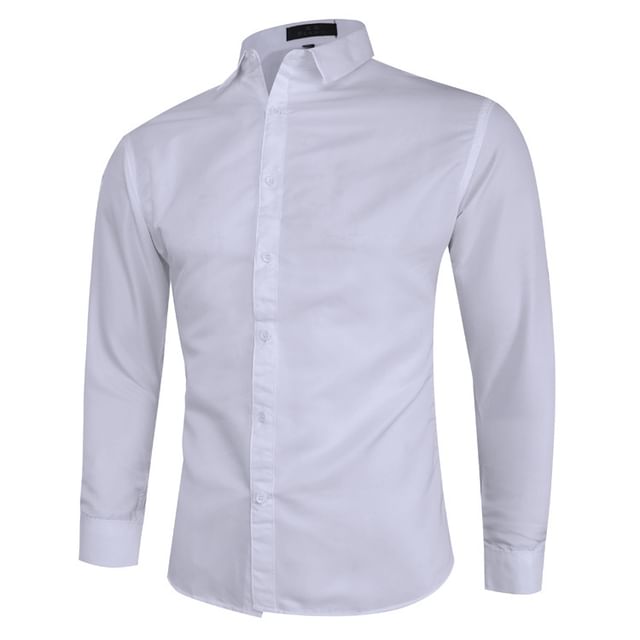 YIKES-Long Sleeve Collared Plain Shirt