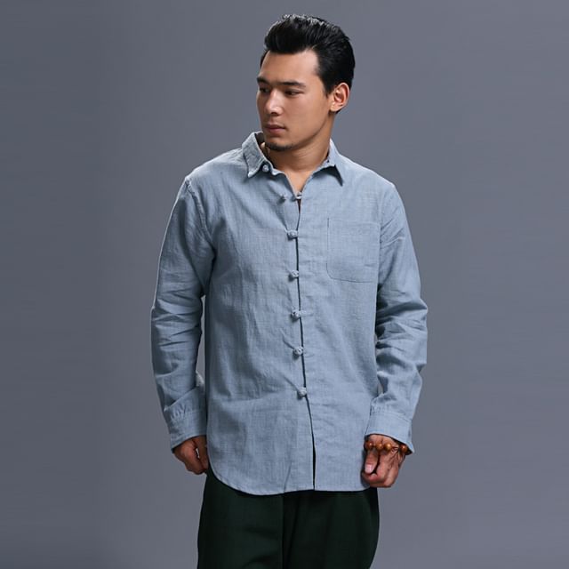 Sparrow Farm-Long-Sleeve Plain Pocket Front Frog-Button Shirt