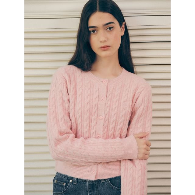 rolarola - Crew-Neck Cable-Knit Cardigan (Pink) | YesStyle