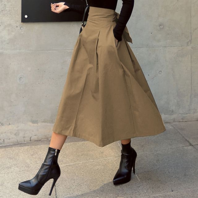 INEN-High Rise Plain Midi A-Line Skirt