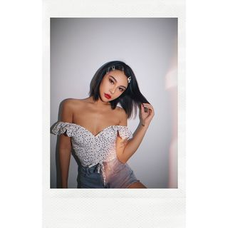 Colada Ruffled Off-Shoulder Drawstring Dotted Crop Top YesStyle