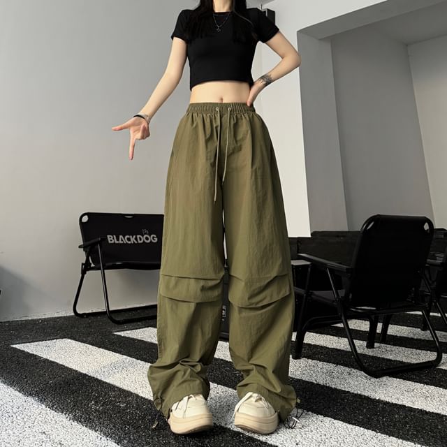 2DAWGS - Mid Rise Plain Drawstring Shirred Wide Leg Pants | YesStyle