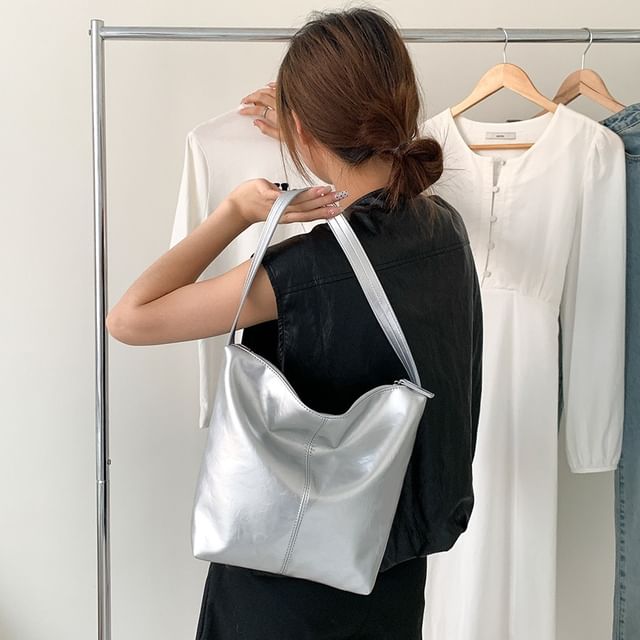 FAYLE-Plain Faux Leather Tote Bag