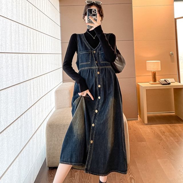 denim maternity pinafore dress Time and Tru Maternity Women's Denim Pinafore Dress