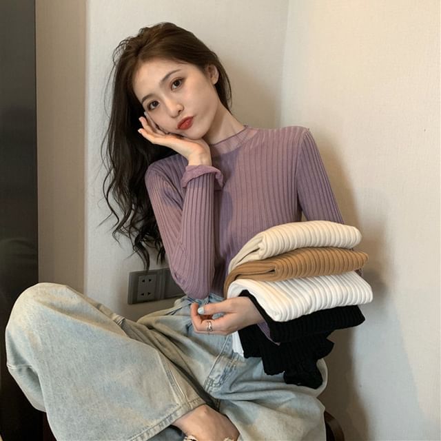 PINPI-Long-Sleeve Crewneck Plain Knit Top