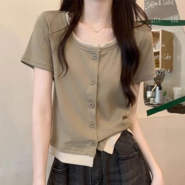 Sisyphi-Short-Sleeve Square Neck Button-Up Top