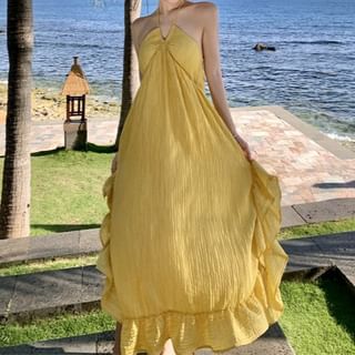 JIYON-Halter V-Neck Plain Maxi A-Line Dress