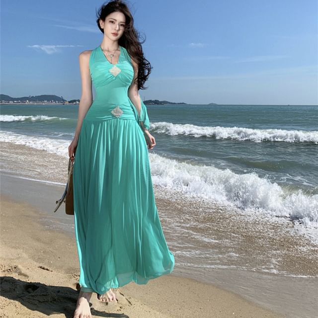 Fioridi-Halter Plain Ruched Maxi Sundress