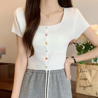 Sisyphi-Short-Sleeve Square Neck Button-Up Plain Corp Knit Top