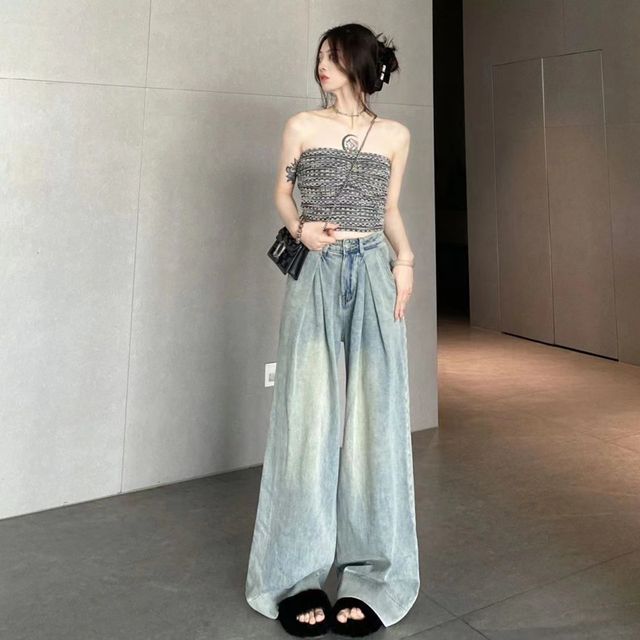 Everose-High Rise Washed Wide Leg Jeans