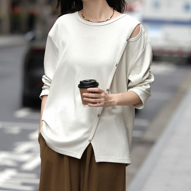 Jeonseon-Crewneck Slit Hem Plain Pullover