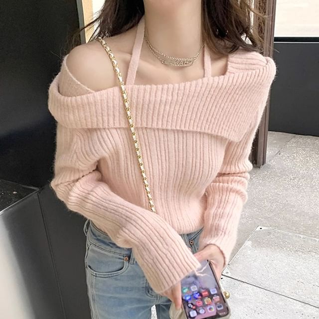 ANORA-Long-Sleeve Asymmetrical Neck Plain Ribbed Knit Top