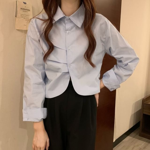 Sisyphi-Long Sleeve Collared Ruched Button Up Cropped Shirt