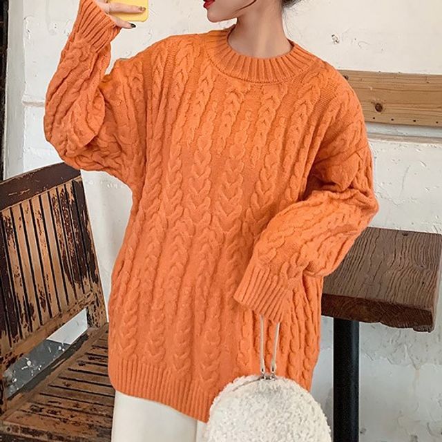 ROAM Crew Neck Plain Cable Knit Sweater YesStyle