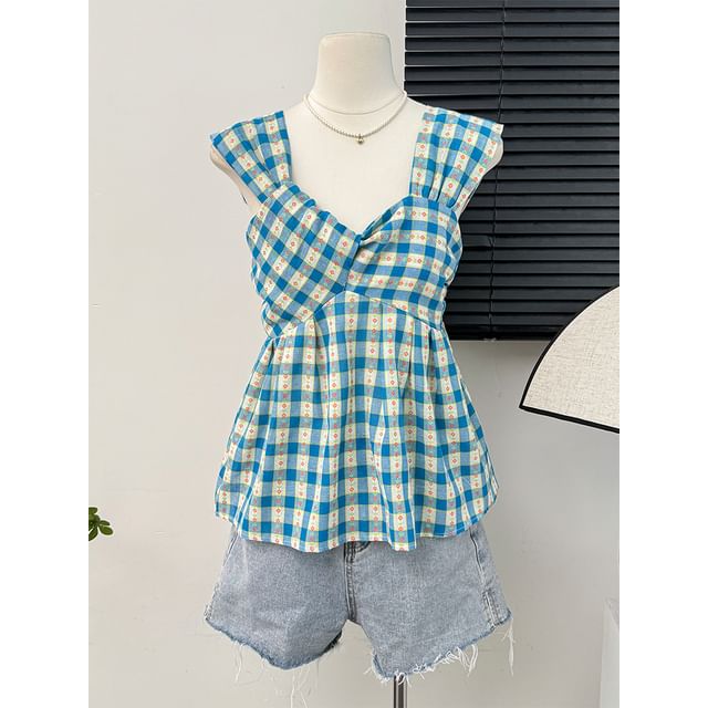 Lemongrass-Checkered Peplum Top