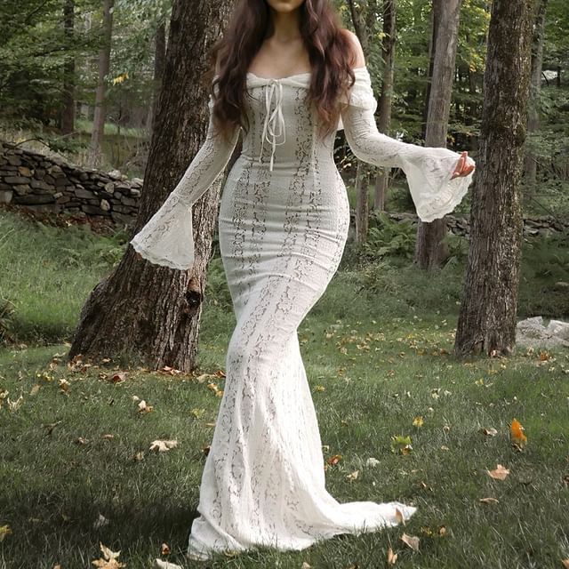 Bulgaris Bell Sleeve Off-Shoulder Plain Tie-Front Lace Fishtail