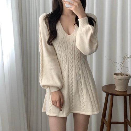 MIKIGA - Puff Sleeve V-Neck Cable Knit A-Line Mini Dress | YesStyle