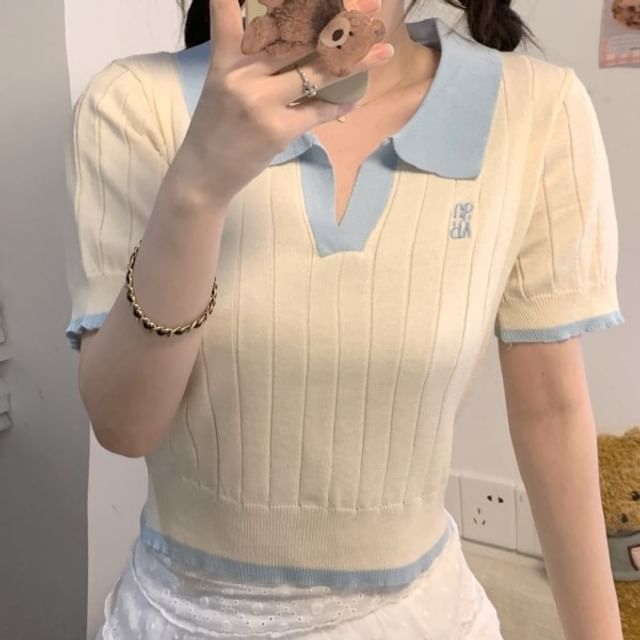 Allinya-Short-Sleeve Two Tone Crop Knit Polo Top