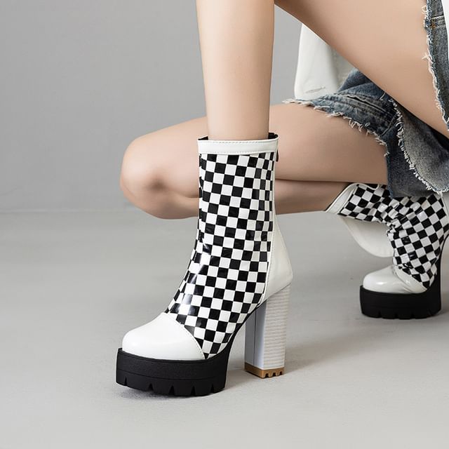 Cinnabelle-Platform Checker Panel Block Heel Short Boots
