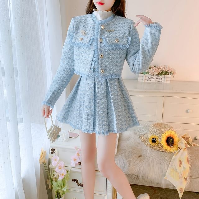 Petit Lace - Puff-Sleeve High Neck Blouse / Tweed Faux Pearl