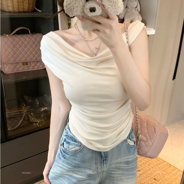 Whoosh-Cap-Sleeve Cowl Neck Plain Shirred Top