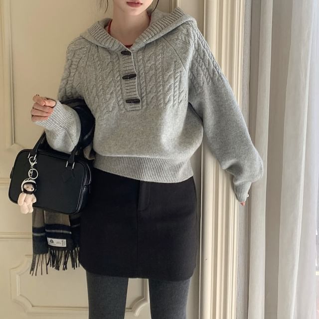 ANORA-Plain Hood Cable Knit Toggle Sweater