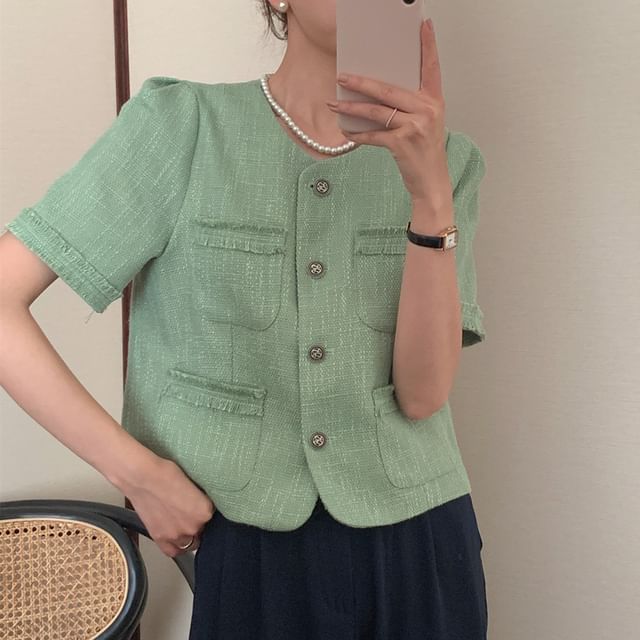 ANORA-Short Sleeve Collared Fray Tweed Button Jacket