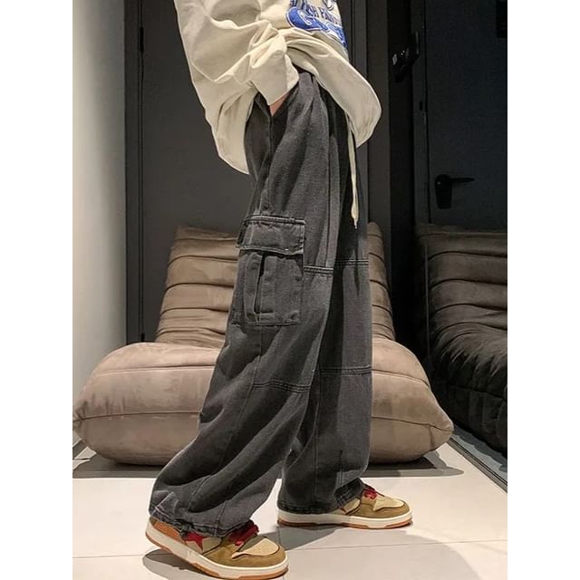 Zentrus-Jeans Cargo de Pierna Ancha y Cordón de Cintura Alta