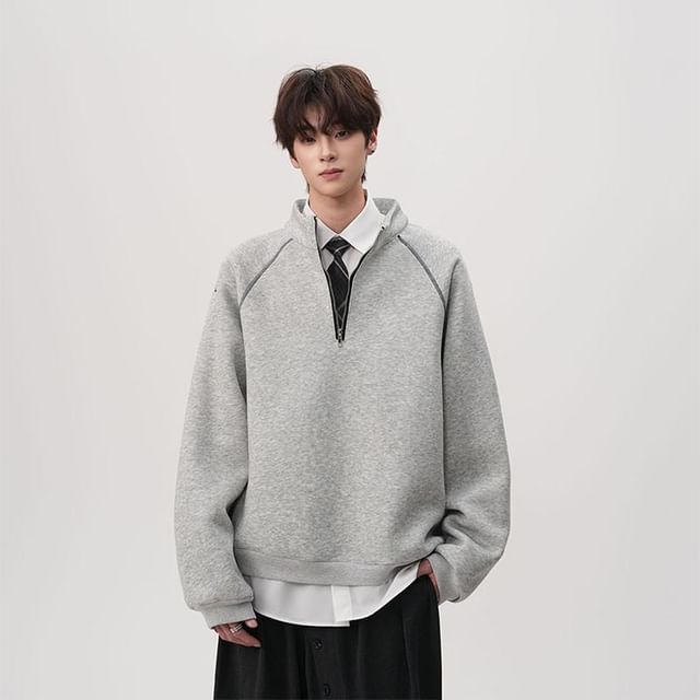 VEAZ-Mock Neck Half Zip Plain Sweatshirt