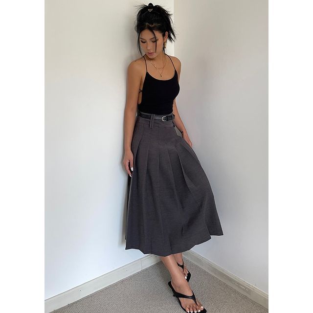 Colada High-Rise Pleated A-Line Midi Skirt with Belt YesStyle