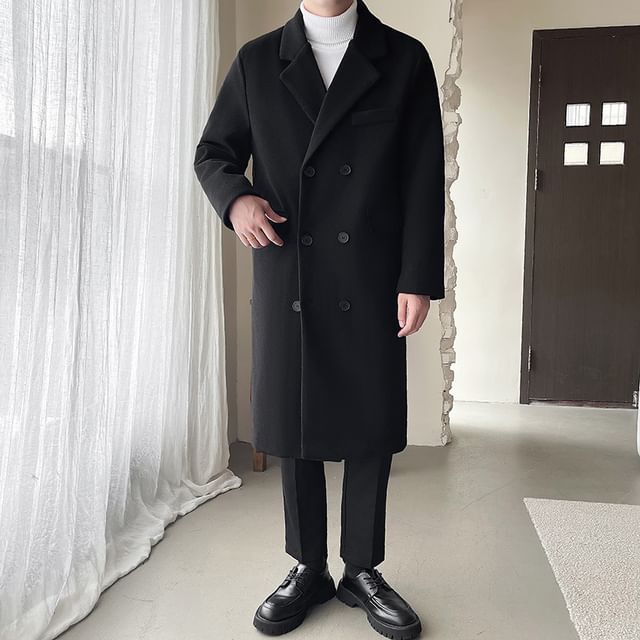 Ninine-Double Breasted Plain Long Coat