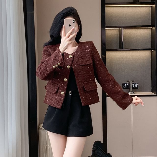 Sienne-Crew Neck Tweed Cropped Button Jacket
