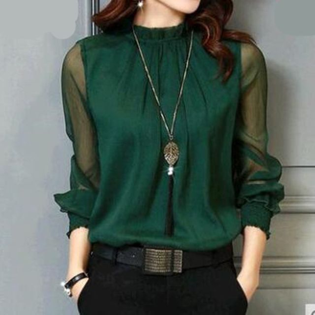 Supernova-Mock Neck Plain Chiffon Panel Blouse
