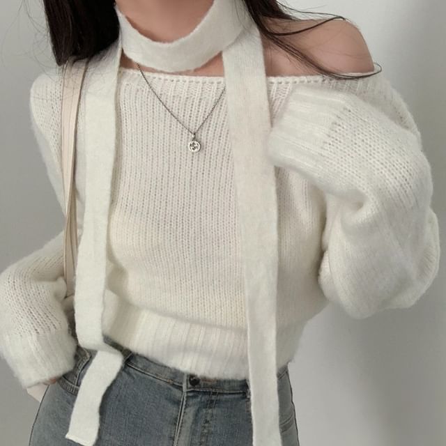 Janerium-Set Off-Shoulder Ribbed Sweater Scarf