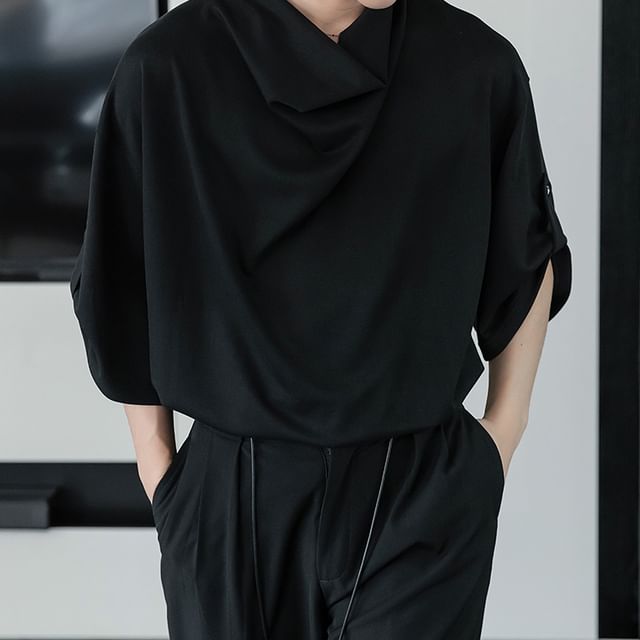 CHIC ERRO-Elbow Sleeve Cowl Neck Plain Top
