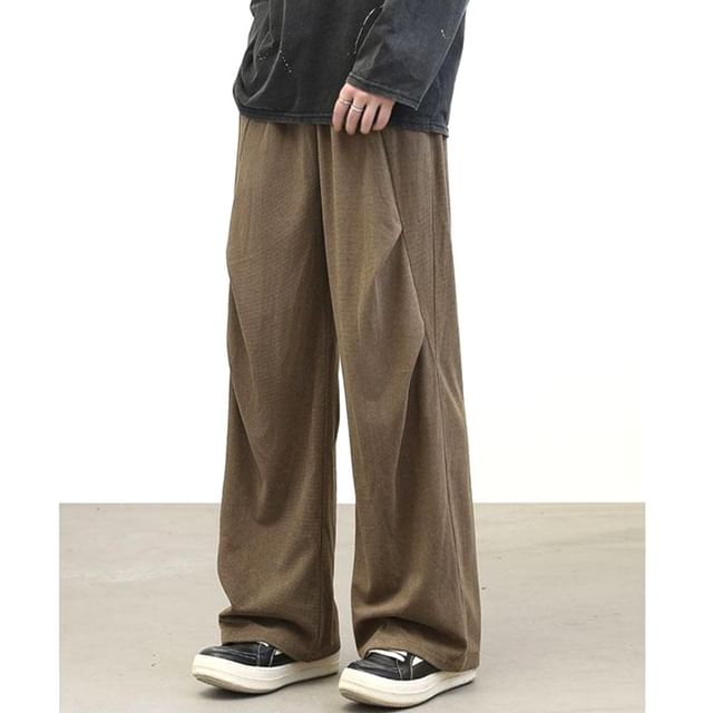 Lingaris-Drawstring Waist Plain Corduroy Wide Leg Pants