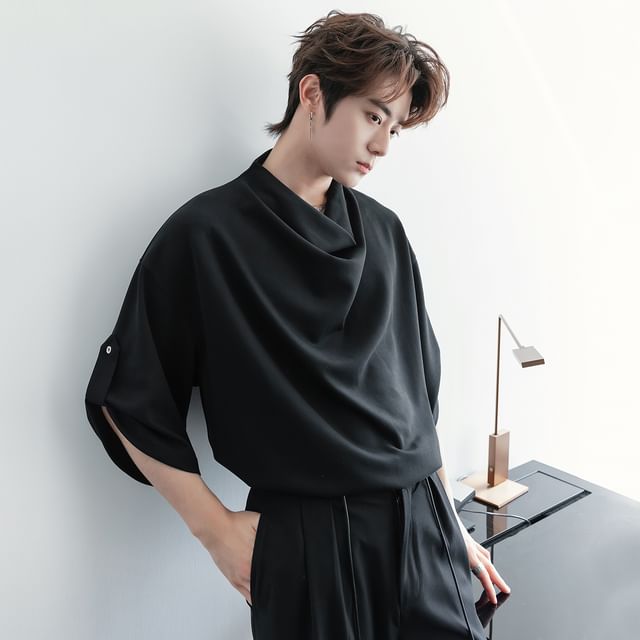 CHIC ERRO-34-Sleeve Cowl Neck Plain T-Shirt