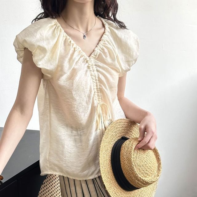 Keiko Girl-Puff-Sleeve V-Neck Plain Drawstring Blouse